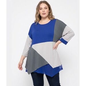 By JJ Blue Gray Color Block Ultra‎ Soft Stretch Asymmetric Artsy Tunic XL